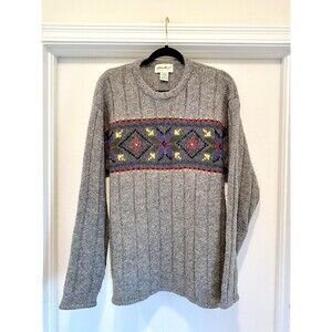 VTG Eddie Bauer Grandpa Wool Sweater Men’s Large Gray Geometric Fisherman